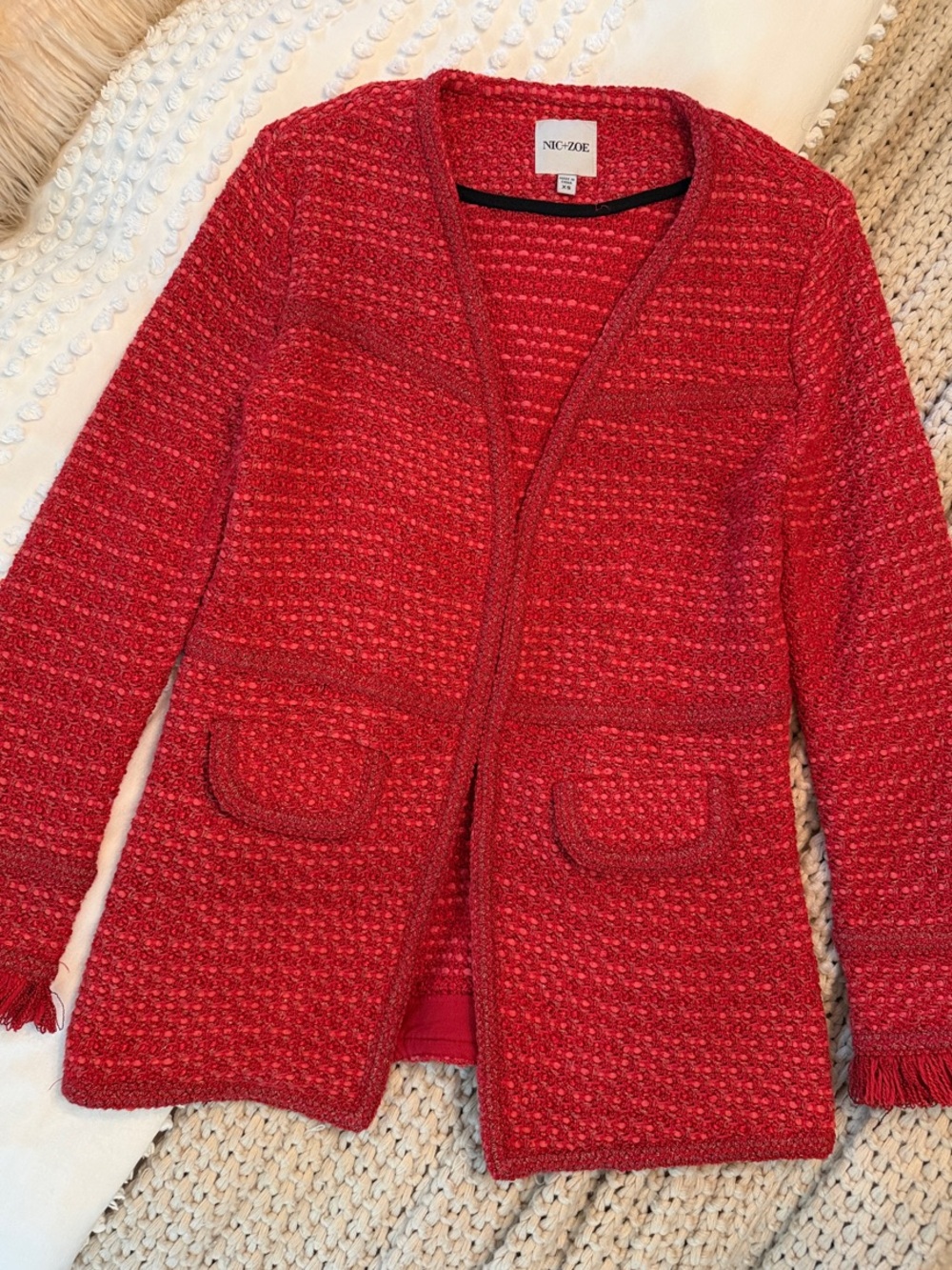 NIC+ZOE Red Textured Open-Front Cardigan Jacket